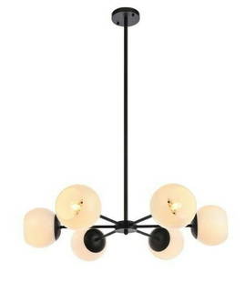 Briggs Modern 6-Light Pendant Chandelier Black Finish White Glass Shades: Briggs Modern 6-Light Pendant Chandelier Black Finish White Glass Shades Illuminate your space with this modern pendant chandelier featuring six lights and elegant white glass orb shades. Designed for