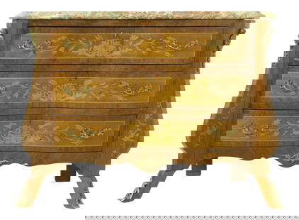 French 1920s Marble Top Inlaid 3 Drawer Commode Chest: French 1920s Marble Top Inlaid 3 Drawer Commode Chest This exquisite French commode chest features a stunning marble top and showcases high-quality dovetailed drawer construction typical of the 1920s.