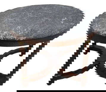 Vintage French Empire Round Center Table with Marble Top: Vintage French Empire Round Center Table with Marble Top This exquisite French Empire round center table features a stunning dished marble top and is supported by a robust mahogany base. Crafted appro