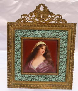19th Century KPM Signed Hand Painted Porcelain in Bronze Frame: 19th Century KPM Signed Hand Painted Porcelain in Bronze Frame This exquisite 19th-century artwork features a signed hand-painted porcelain portrait of a young woman, beautifully enclosed in its origi