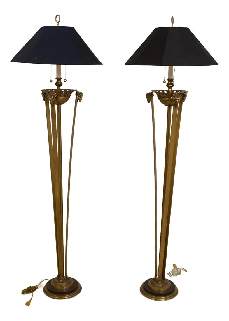 Frederick Cooper Rams Head Regency Brass Floor Lamps Pair: Frederick Cooper Rams Head Regency Brass Floor Lamps Pair This exquisite pair of Frederick Cooper Rams Head Regency floor lamps showcases a timeless design, featuring an antique aged brass finish comp