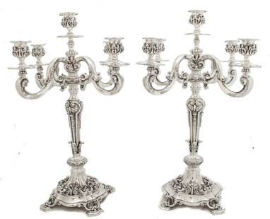 Elegant Pair of 800 Silver Five-Light Candelabras from Portugal 19.75": Elegant Pair of 800 Silver Five-Light Candelabras from Portugal 19.75" This exquisite pair of five-light candelabras is handcrafted from 800 silver, showcasing intricate chased designs and elegant lea