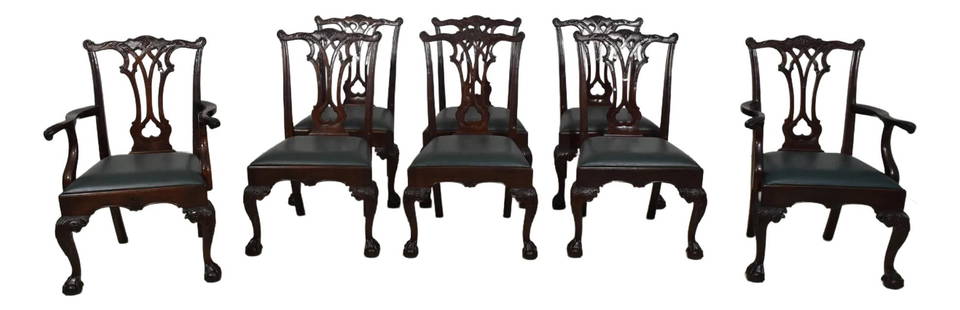 Set of 8 Stickley Chippendale Mahogany Dining Chairs Green Leather Seats: Set of 8 Stickley Chippendale Mahogany Dining Chairs Green Leather Seats This exquisite set of 8 Stickley Chippendale dining room chairs embodies timeless elegance and superior craftsmanship. Featurin