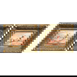 19th Century French Porcelain Plaques Set of 2 by Laure Levy: 19th Century French Porcelain Plaques Set of 2 by Laure Levy This exquisite pair of 19th Century French porcelain plaques, crafted circa 1890, showcases stunning pastoral scenes in a refined beige and