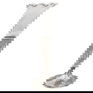 Sterling Silver Art Deco Bud Vase with Glass Liner: Sterling Silver Art Deco Bud Vase with Glass Liner This exquisite sterling silver hammered vase features a stunning Art Deco design characterized by symmetrical motifs. Accompanied by its original gla