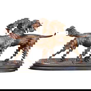 19th Century French Spelter Sculpture of Hunting Dogs by Jules Moigniez: 19th Century French Spelter Sculpture of Hunting Dogs by Jules Moigniez This exquisite 19th-century French spelter sculpture captures a dynamic hunt scene, crafted in the style of renowned artist Jule