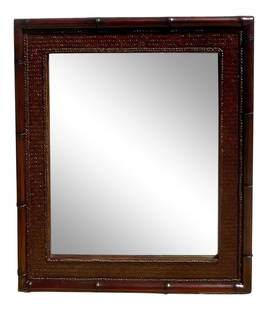Vintage Oxblood Red Rattan Bamboo Mirror 42.5 x 48: Vintage Oxblood Red Rattan Bamboo Mirror 42.5 x 48 Enhance your space with this stunning vintage Coastal mirror. Featuring exquisite panels of woven rattan complemented by a beautifully carved bamboo