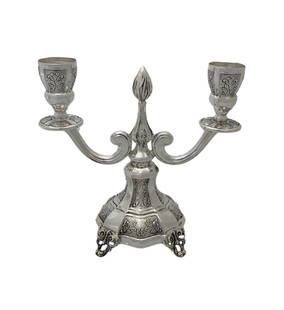 Handmade 925 Sterling Silver 2-Light Candelabra with Chased Swirl Design: Handmade 925 Sterling Silver 2-Light Candelabra with Chased Swirl Design This exquisite 2-light candelabra is crafted from fine 925 sterling silver and showcases a stunning handmade chased swirl ornat