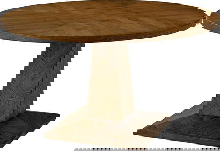 Theodore Alexander Modern Oak Dining Table Circular Herringbone Base Dusk Finish: Theodore Alexander Modern Oak Dining Table Circular Herringbone Base Dusk Finish This modern dining table features a striking herringbone base and a circular design, perfect for stylish dining spaces.