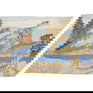 Vintage Hand-Knotted Scenic Duck Pictorial Rug 24 x 37 Country Style: Vintage Hand-Knotted Scenic Duck Pictorial Rug 24 x 37 Country Style This charming Scenic Duck American Hooked Pictorial Rug features a delightful design showcasing two ducks amidst a vibrant landscap