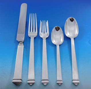 Tiffany & Co. Hampton Sterling Silver Flatware Set for 8, 43 Pieces Art Deco: Tiffany & Co. Hampton Sterling Silver Flatware Set for 8, 43 Pieces Art Deco Enhance your dining experience with this exquisite 43-piece Sterling Silver Flatware Set from Tiffany & Co., featuring the