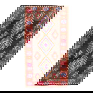 Vintage Turkish Kilim Wool Rug 4'11 x 8'11 Multicolor Tribal Design: Vintage Turkish Kilim Wool Rug 4'11 x 8'11 Multicolor Tribal Design Discover the beauty of this vintage Turkish Kilim rug, expertly hand-knotted with rich wool. Featuring a stunning pink field complem