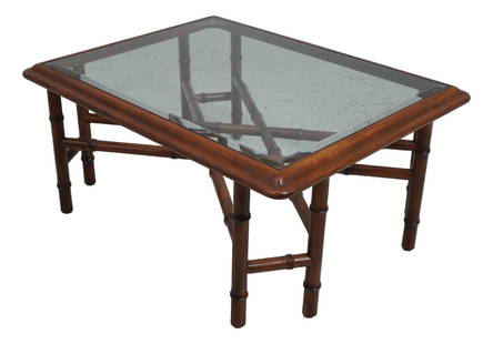Mid Century Modern Faux Bamboo Glass Top Coffee Table: Mid Century Modern Faux Bamboo Glass Top Coffee Table This elegant Widdicomb faux bamboo coffee table features a stunning beveled glass top that beautifully complements its mid-century modern design.