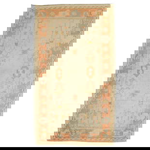 Zabihi Collection Antique Oushak Rug Wool Hand-Woven Turkish 3' x 5'1": Zabihi Collection Antique Oushak Rug Wool Hand-Woven Turkish 3' x 5'1" This exquisite Zabihi Collection Antique Ivory Orange Oushak Rug showcases the artistry of early 20th Century craftsmanship. Hand