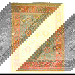 Vibrant Green Antique Oushak Rug 8'10'' x 11'2'' Hand-Woven Wool Turkey Circa 1910: Vibrant Green Antique Oushak Rug 8'10'' x 11'2'' Hand-Woven Wool Turkey Circa 1910 This stunning early 20th century antique Oushak rug features a vibrant green field adorned with an orangy red border,