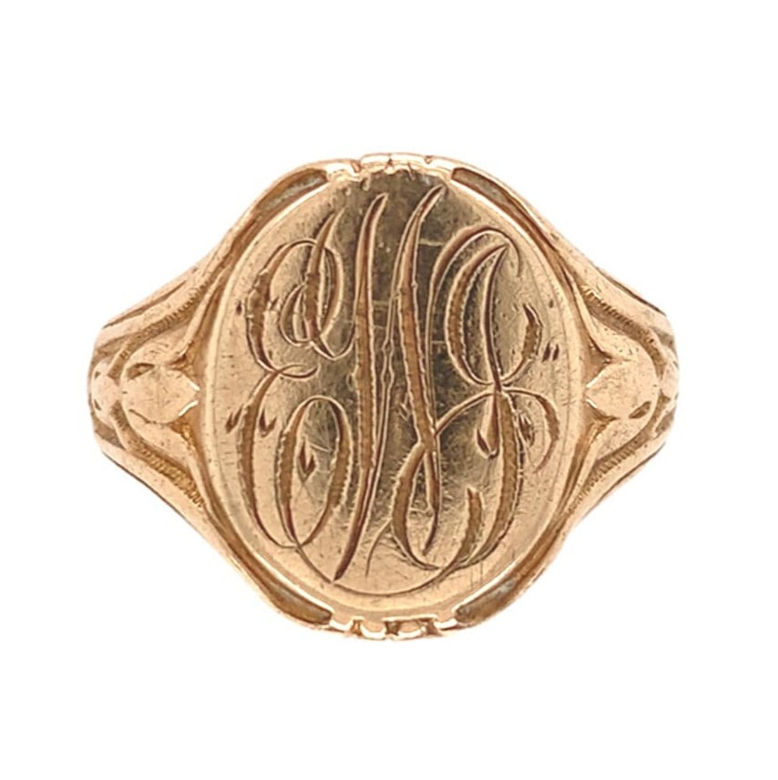 Victorian 10k Yellow Gold Signet Ring with Monogram ewj: Victorian 10k Yellow Gold Signet Ring with Monogram ewj Exquisite Victorian signet ring crafted from 10k yellow gold. This antique piece features a beautiful cursive script monogram, possibly "ewj," a