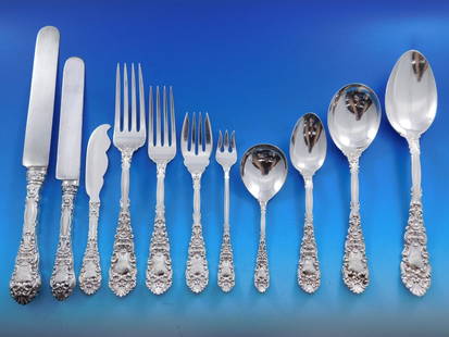 Dominick & Haff Renaissance Sterling Silver Flatware Set 168 Pieces Rococo Style: Dominick & Haff Renaissance Sterling Silver Flatware Set 168 Pieces Rococo Style Experience the elegance of this exquisite Renaissance flatware set, crafted by Dominick & Haff in sterling silver. This