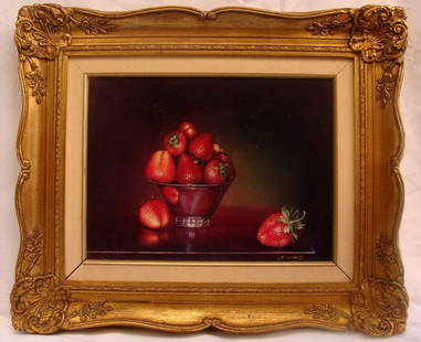 Teimur Amiry Still Life Oil Painting Strawberries Framed Signed: Teimur Amiry Still Life Oil Painting Strawberries Framed Signed This exquisite original oil painting by renowned California artist Teimur Amiry features a still life composition of strawberries elegan