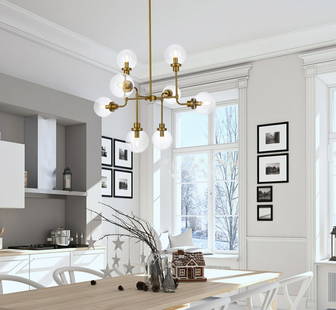 Hanson 8-Light Brass Pendant Chandelier Modern Design Clear Glass Shades: Hanson 8-Light Brass Pendant Chandelier Modern Design Clear Glass Shades Illuminate your living spaces with this stunning brass pendant chandelier from the Hanson collection. Designed in a modern styl