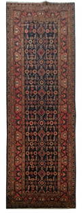 Handcrafted 3.7 x 14.1 Persian Hamadan Area Rug in Brown: Handcrafted 3.7 x 14.1 Persian Hamadan Area Rug in Brown Discover the elegance of this handcrafted Persian Hamadan Area Rug, measuring 3' 7" x 14' 1". Skillfully woven by talented artisans in Hamadan,