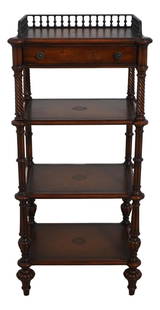 Theodore Alexander 4 Tier Mahogany Etagere with Leather Top: Theodore Alexander 4 Tier Mahogany Etagere with Leather Top This exquisite Theodore Alexander 4 Tier Etagere Shelf showcases a stunning brown mahogany construction with a beautifully tooled leather to