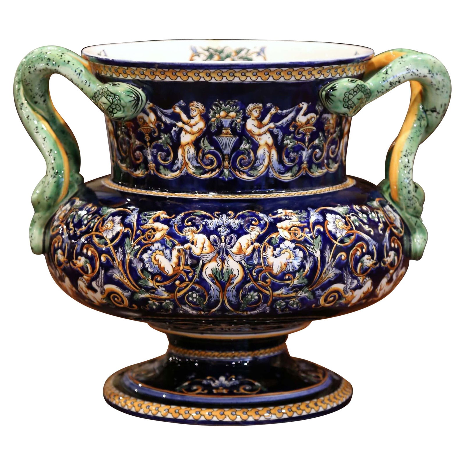19th Century Gien French Porcelain Cache Pot with Snake Handles: 19th Century Gien French Porcelain Cache Pot with Snake Handles This stunning 19th Century French Painted Porcelain Cache Pot showcases a beautiful blend of artistry and craftsmanship from the renowne