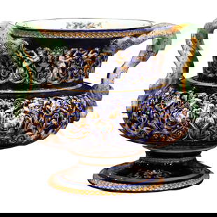 19th Century Gien French Porcelain Cache Pot with Snake Handles: 19th Century Gien French Porcelain Cache Pot with Snake Handles This stunning 19th Century French Painted Porcelain Cache Pot showcases a beautiful blend of artistry and craftsmanship from the renowne