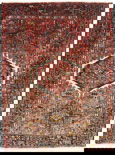 Vintage Hand-Knotted Oriental Rug 4x5 ft Geometric Pattern Wool: Vintage Hand-Knotted Oriental Rug 4x5 ft Geometric Pattern Wool This exquisite hand-knotted vintage Oriental rug features a muted color palette that includes rusty red, rusty beige, plum, and hunter g