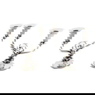 Elegant Set of 2 Sterling Silver Candelabras by Durham 1948: Elegant Set of 2 Sterling Silver Candelabras by Durham 1948 This exquisite pair of Sterling Silver candelabras, crafted in 1948 by the renowned Durham Silver Company, showcases a stunning two-branch d