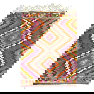 Vintage Turkish Kilim Rug Bohemian Design Wool Hand-Knotted 45 x 59: Vintage Turkish Kilim Rug Bohemian Design Wool Hand-Knotted 45 x 59 This stunning Bohemian Vintage Turkish Kilim features a colorful, hand-knotted design that showcases the artistry of mid-20th centur