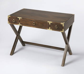 Sophisticated Campaign Desk in Dark Brown Finish: Sophisticated Campaign Desk in Dark Brown Finish This sophisticated campaign desk showcases a rich walnut finish, expertly crafted in an antique or vintage style. The desk features a rectangular shape