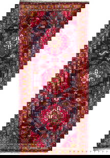 Handmade 4' x 11' 3" Red Pink Semi-Antique Persian Hamadan Runner: Handmade 4' x 11' 3" Red Pink Semi-Antique Persian Hamadan Runner Enhance your space with this stunning 4' x 11' 3" Red Pink Semi-Antique Persian Hamadan Runner, handcrafted by skilled Persian artisan
