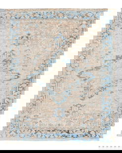 Antique Persian Heriz Handmade Wool Rug Beige Blue Medallion 7'2 x 9'1: Antique Persian Heriz Handmade Wool Rug Beige Blue Medallion 7'2 x 9'1 This exquisite antique Persian Heriz rug showcases a stunning hand-knotted wool construction with a beige field and a striking bl