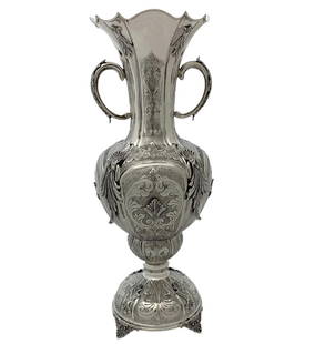 Handmade 925 Sterling Silver Flower Vase with Handles 18": Handmade 925 Sterling Silver Flower Vase with Handles 18" This exquisite handmade flower vase is crafted from fine 925 sterling silver, showcasing intricate chased shell and leaf applique designs. The