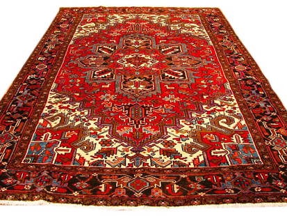 7.5 x 10.10 Red Persian Heriz Rug Handmade Wool Timeless Design: 7.5 x 10.10 Red Persian Heriz Rug Handmade Wool Timeless Design Elevate your home with this stunning 7.5 x 10.10 Red Semi-Antique Persian Heriz Rug. This exquisite piece showcases traditional geometri