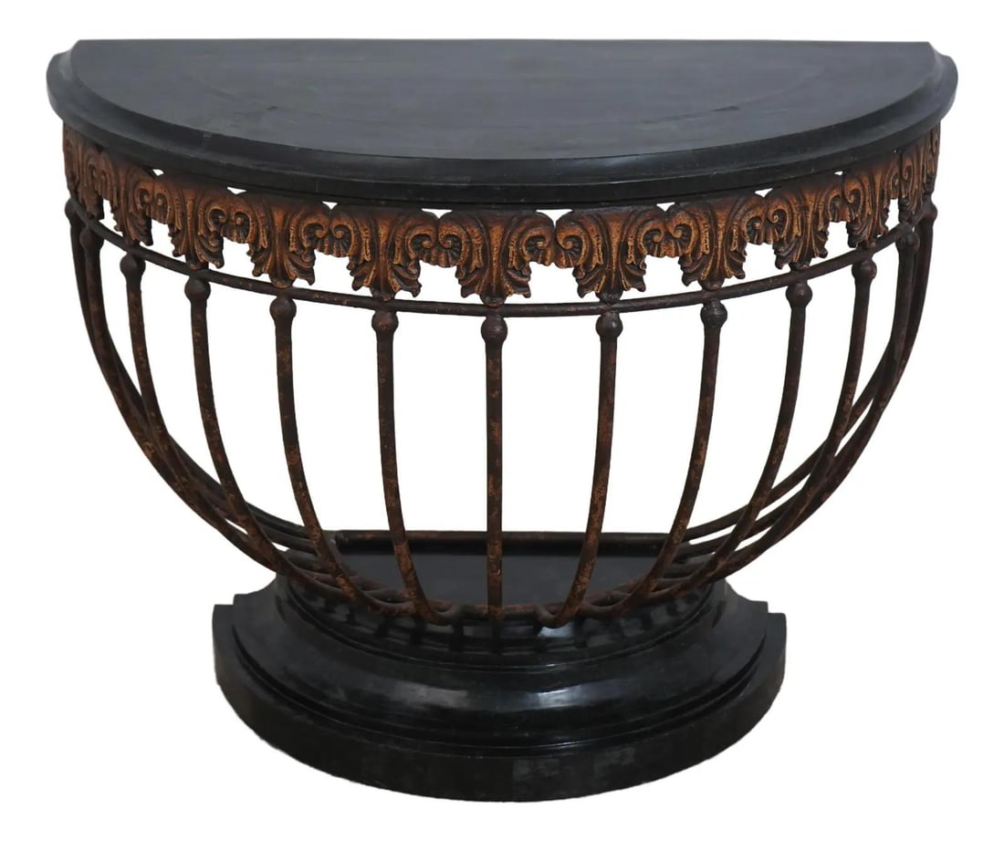 Maitland Smith Dark Green Marble Iron Base Console Table: Maitland Smith Dark Green Marble Iron Base Console Table This exquisite Maitland Smith Console Hall Table showcases a stunning dark green marble top complemented by a distressed painted finish on its