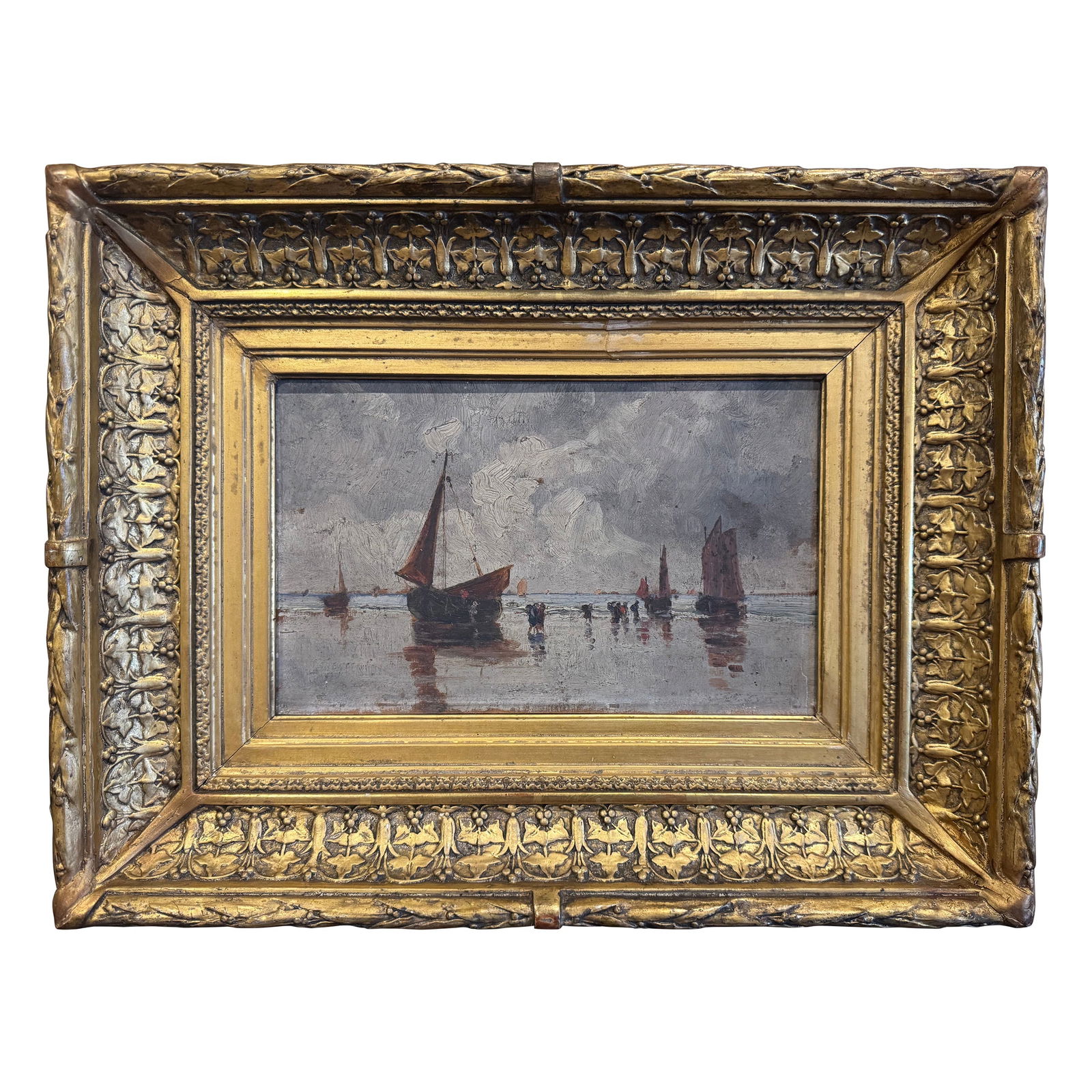 19th Century French Marine Painting by Eugene Galien-Laloue in Gilt Frame: 19th Century French Marine Painting by Eugene Galien-Laloue in Gilt Frame This stunning 19th Century French marine painting on board captures the beauty of sailboats at sea, reminiscent of the style o