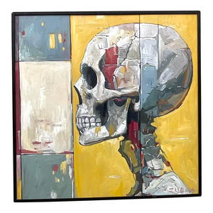 Vintage Boho Skull Oil Painting on Board 46.25x46.25 in Yellow