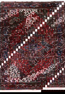 Handcrafted 7'3 x 10'2 Red Persian Heriz Rug Silk-Like Pile: Handcrafted 7'3 x 10'2 Red Persian Heriz Rug Silk-Like Pile Enhance your living space with this exquisite handcrafted Red Persian Heriz Rug. Designed by skilled Persian artisans, this rug features tra