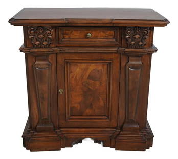 Elegant Italian Walnut Commode Chest with Key-Locking Door: Elegant Italian Walnut Commode Chest with Key-Locking Door This exquisite Italian commode chest features a classic European Continental style with a beautiful burl walnut front and a rich brown walnut