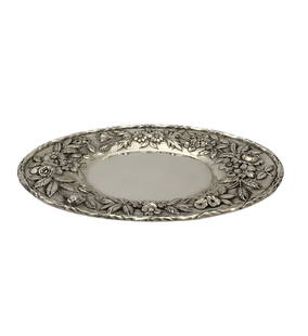 Antique S. Kirk & Sons 925 Sterling Silver Floral Oval Tray 8.25 x 5.25: Antique S. Kirk & Sons 925 Sterling Silver Floral Oval Tray 8.25 x 5.25 This exquisite antique oval tray by S. Kirk & Sons showcases the artistry of handmade repousse floral designs, expertly crafted