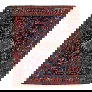 Antique Persian Heriz Handmade Wool Rug Blue Medallion 4'3 x 5'2: Antique Persian Heriz Handmade Wool Rug Blue Medallion 4'3 x 5'2 Enhance your space with this exquisite antique Persian Heriz wool rug, featuring a vibrant multicolor medallion design set against a lu