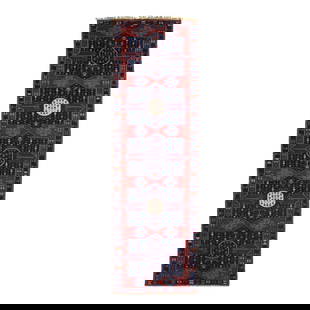 Antique Caucasian Dagestan Wool Runner Blue Tribal Motif 5'7 x 18'2: Antique Caucasian Dagestan Wool Runner Blue Tribal Motif 5'7 x 18'2 Discover the beauty of this antique Caucasian Dagestan hand-knotted wool runner, showcasing a stunning navy blue and red field. The