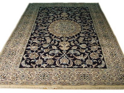 Handcrafted Persian Nain Rug 6'6 x 9'10 Midnight Blue Wool Silk: Handcrafted Persian Nain Rug 6'6 x 9'10 Midnight Blue Wool Silk Enhance your space with this exquisite handcrafted Persian Nain rug, featuring a stunning midnight blue color and traditional designs. T