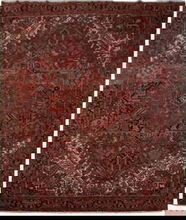 Authentic Persian Heriz Rug 11'8 x 13'7 Carmine Red Handmade Wool: Authentic Persian Heriz Rug 11'8 x 13'7 Carmine Red Handmade Wool Enhance your space with this stunning Persian Heriz rug, meticulously handcrafted by skilled artisans in Heriz, Iran. This exquisite r