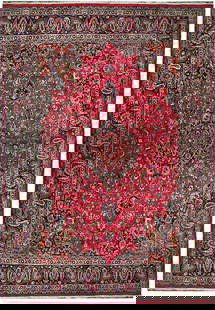 9.7 x 12.2 Red Semi Antique Persian Mashad Rug Handmade Intricate Design: 9.7 x 12.2 Red Semi Antique Persian Mashad Rug Handmade Intricate Design Enhance your living space with this exquisite 9.7 x 12.2 Red Semi Antique Persian Mashad Rug, a true embodiment of Persian craf