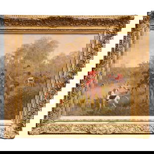 19th Century English Equestrian Hunt Oil Painting by Reeves in Gilt Frame: 19th Century English Equestrian Hunt Oil Painting by Reeves in Gilt Frame This exquisite 19th-century English oil on canvas painting captures the spirited essence of an equestrian hunt scene, beautifu