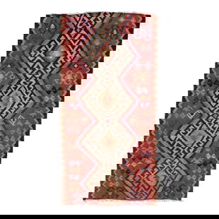 Vintage Turkish Kilim Red Wool Rug 4'11" x 9'3" Tribal Design: Vintage Turkish Kilim Red Wool Rug 4'11" x 9'3" Tribal Design This stunning vintage Turkish Kilim rug showcases exquisite hand-knotted craftsmanship, featuring a vibrant red field complemented by a ta