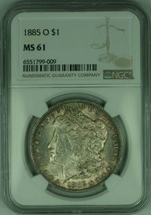 1885-O NGC MS-61 Toned Morgan Silver Dollar Coin: 1885-O NGC MS-61 Toned Morgan Silver Dollar Coin This 1885-O Morgan Silver Dollar Coin is a remarkable collectible piece, certified by NGC with a grade of MS-61. Minted in New Orleans, this uncirculat