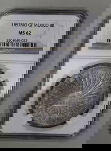 1857-Mo Mexico City Cap & Rays 8 Reales NGC MS62 Toned Silver Coin: 1857-Mo Mexico City Cap & Rays 8 Reales NGC MS62 Toned Silver Coin This 1857-Mo Mexico City Cap & Rays 8 Reales coin is a remarkable piece of numismatic history from the First Republic era (1824-64).